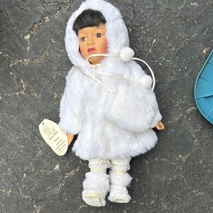 Vintage 1994 Porcelain White Plush Hooded Doll